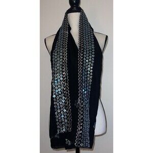 Black Sheer 16 in X 60 in Turquoise & Silver Sequined Floral Scarf